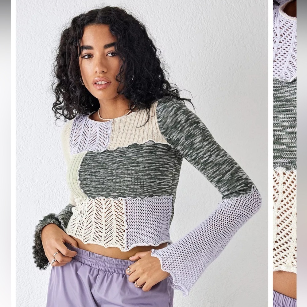 Urban Outfitters Overlock Patchwork Knit Top Sweater Purple Boho Size Small